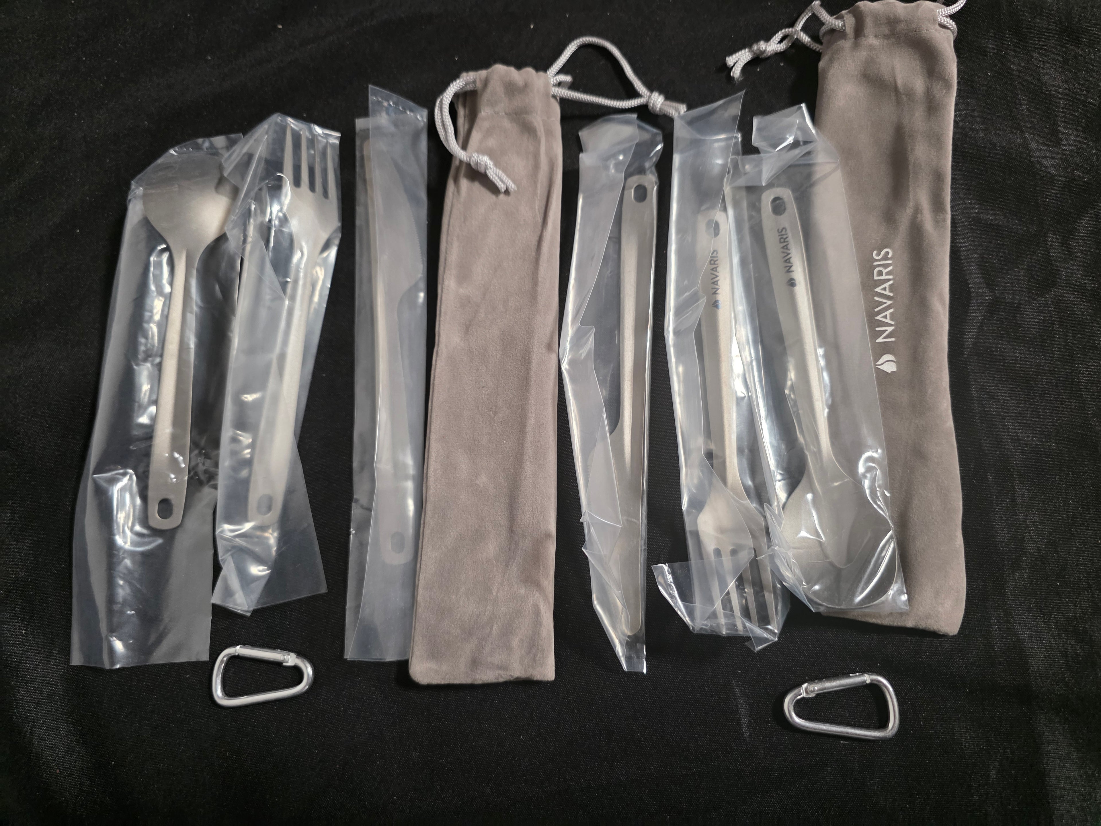 Navaris Titanium Camping Cutlery Set (2 Sets) - Lightweight Camping Utensils for Two - Knife, Fork and Spoon with Carabiner Clip for Hiking Travel - Retail $21.84