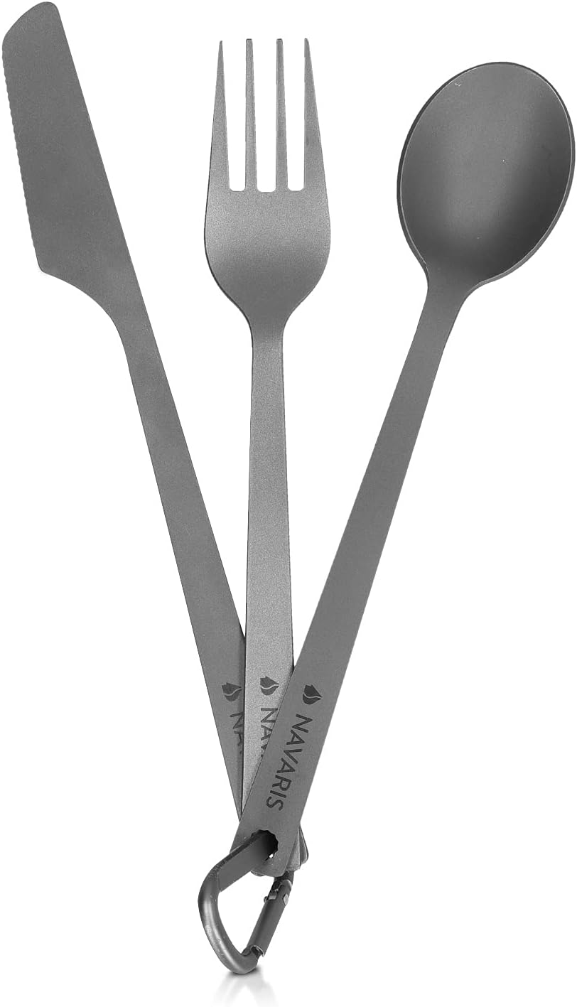 8156 Navaris Titanium Camping Cutlery Set - Lightweight Camping Utensils for One - Knife, Fork and Spoon with Carabiner Clip and Case for Hiking and Travel - Retail $14