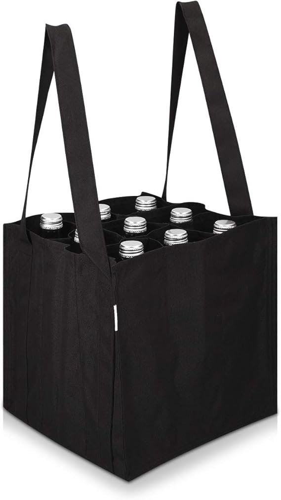 Navaris 12 Compartment Bottle Bag - Bottle Carrier Bag for Wine, Drinks Bottles - Reusable Grocery Bag for Shopping and Storage - Black - Retail $21.99