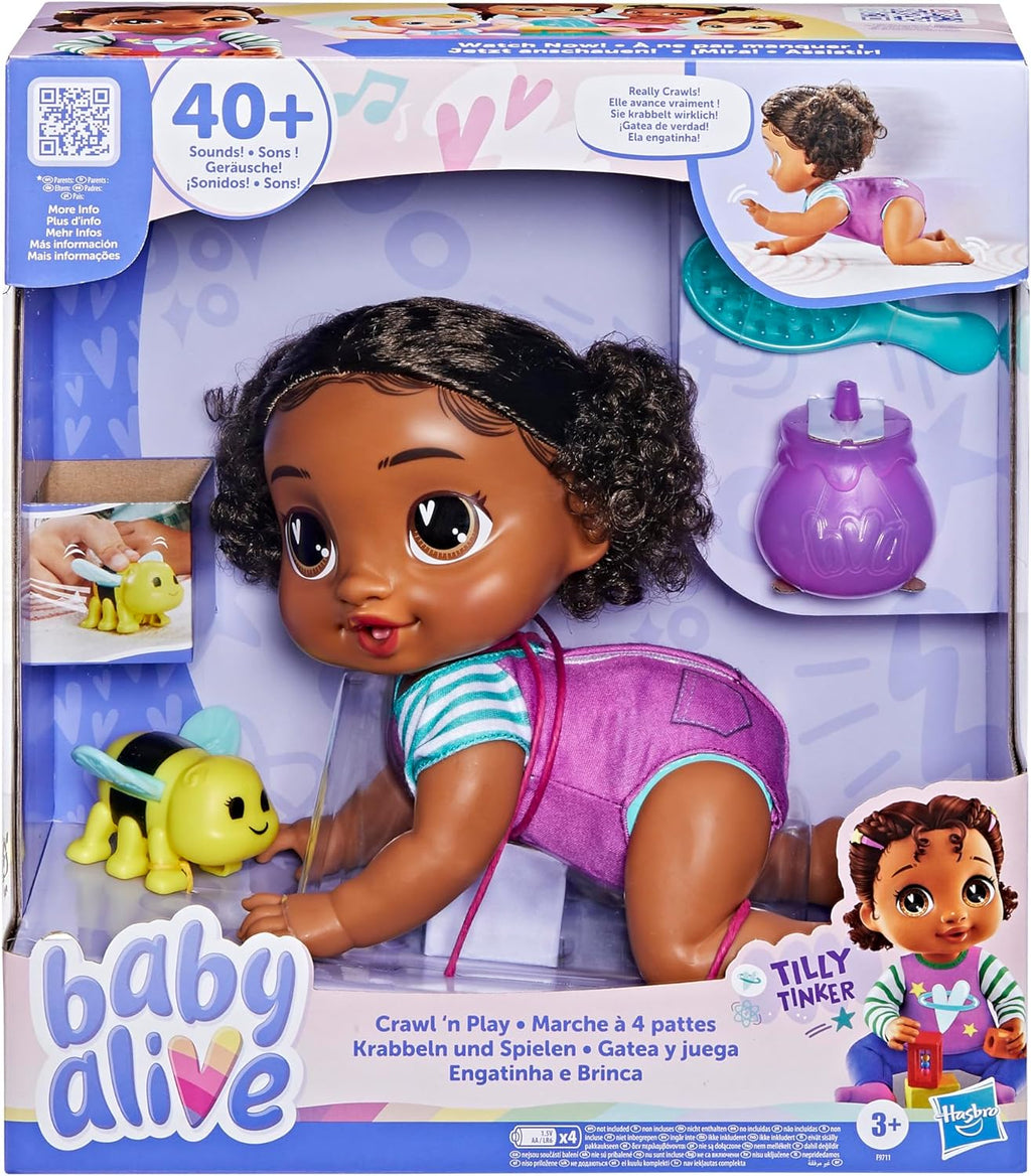 Baby Alive Crawl 'n Play Tilly Tinker Electronic Crawling Baby Doll Set, Black Hair, Kids Toys for Girls & Boys 3 Years & Up, 10.75 Inches - Retail $45.99