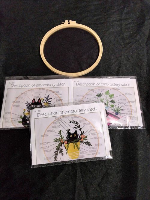 3-Set Embroidery Kit for Adults by Mopulo, Cross Stich Kit with Black Cat Flower Pattern - Retail $38.99