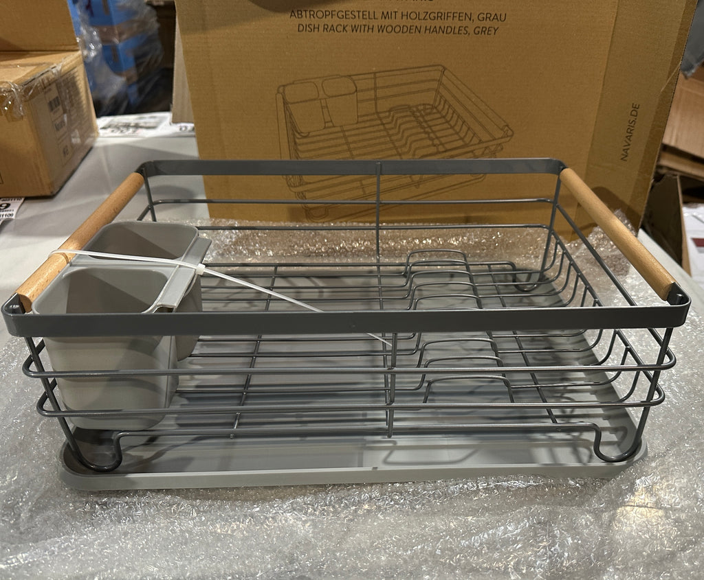 Navaris Dish Drainer Rack - Plate, Silverware, Pots and Pans Drying Rack for Kitchen with Beechwood Handles - Modern Retro Design Drip Tray - Gray - Retail $25.99