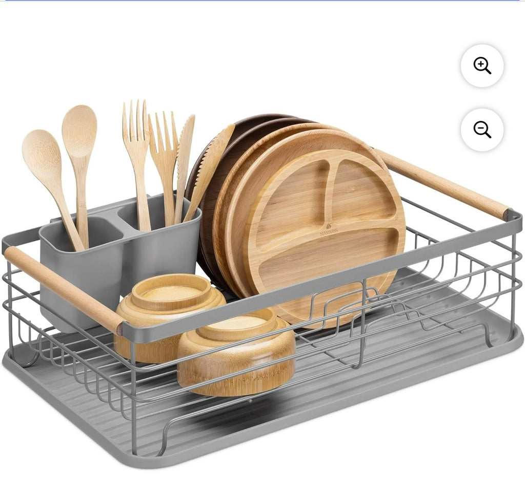 Navaris Dish Drainer Rack - Plate, Silverware, Pots and Pans Drying Rack for Kitchen with Beechwood Handles - Modern Retro Design Drip Tray - Gray - Retail $25.99