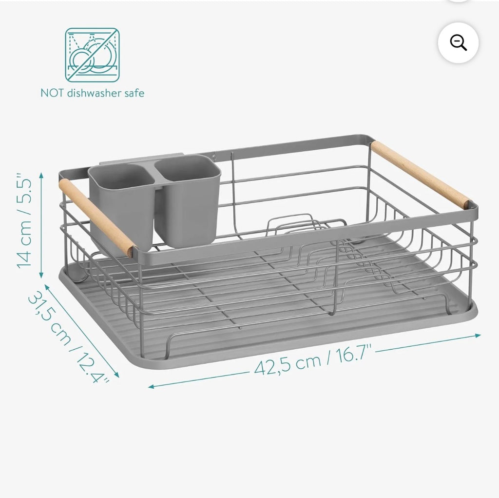 Navaris Dish Drainer Rack - Plate, Silverware, Pots and Pans Drying Rack for Kitchen with Beechwood Handles - Modern Retro Design Drip Tray - Gray - Retail $25.99