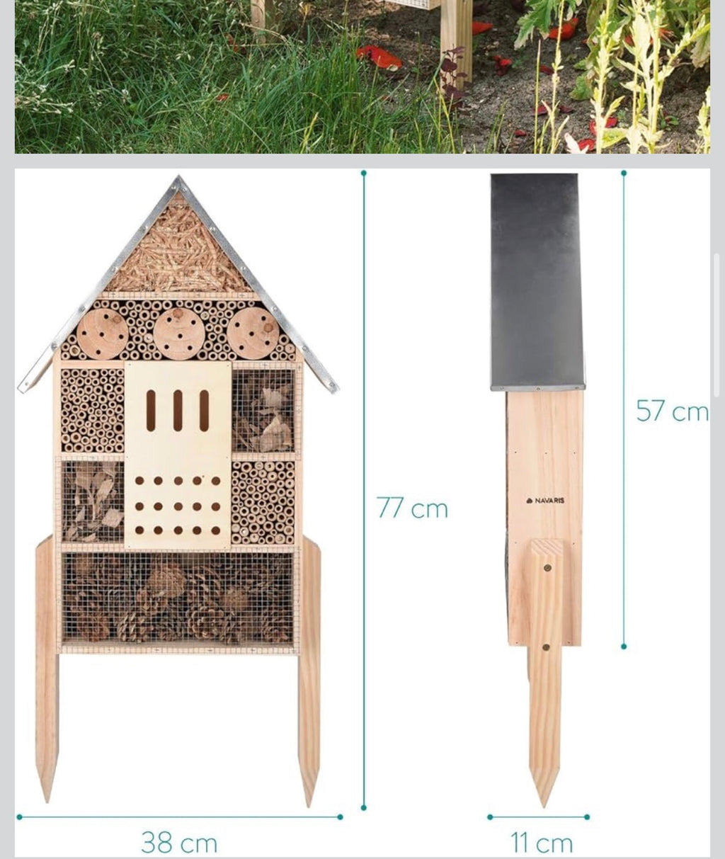 Navaris Wooden Insect House - Extra Large Bug Hotel 22.4" H x 15" W - Natural Habitat for Bees, Butterflies, Ladybugs - Garden and Yard - Retail $63.99