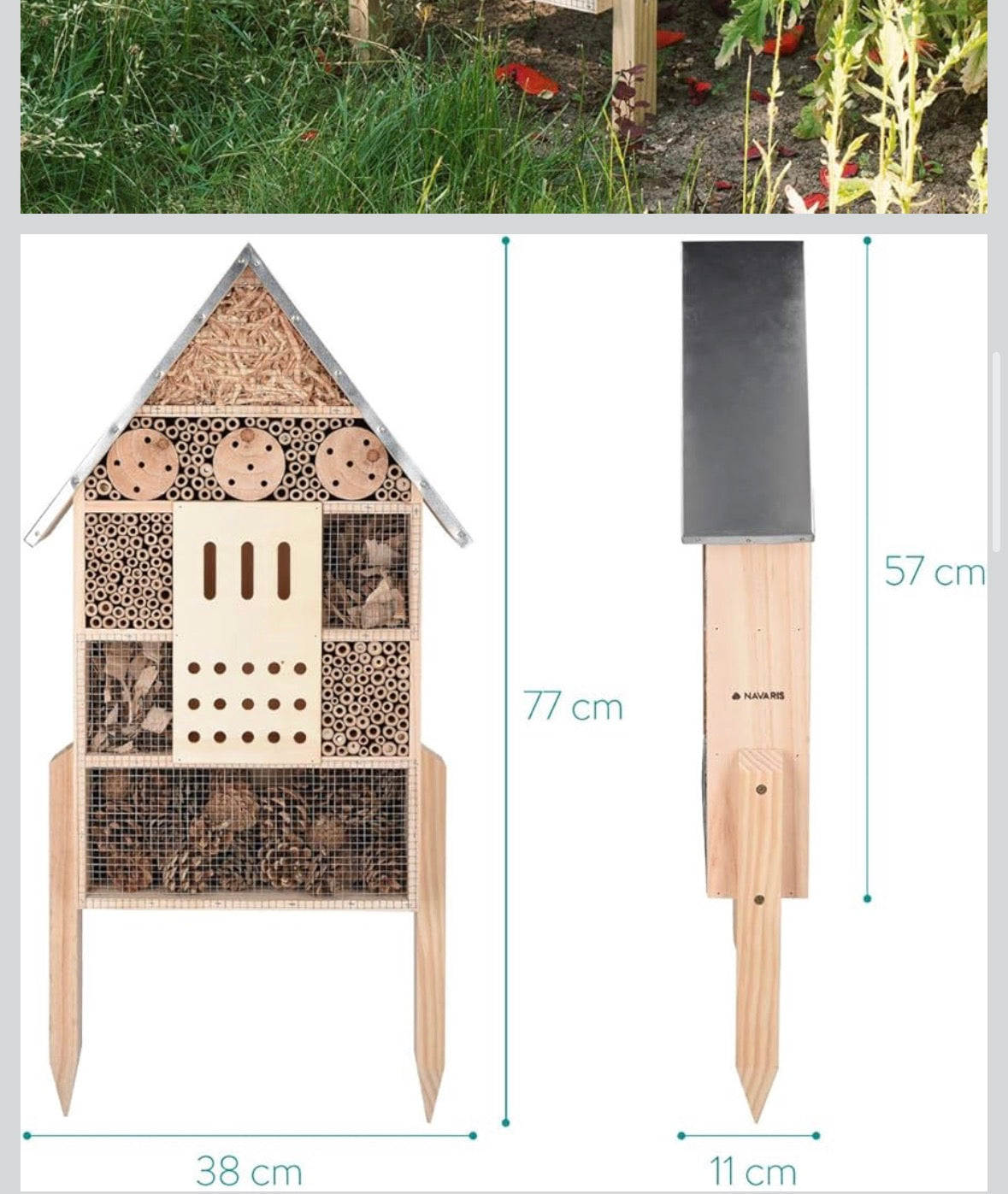 Navaris Wooden Insect House - Extra Large Bug Hotel 22.4" H x 15" W - Natural Habitat for Bees, Butterflies, Ladybugs - Garden and Yard - Retail $63.99