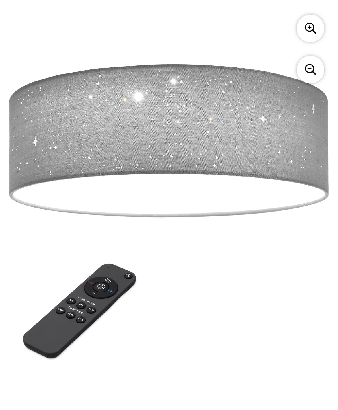 Navaris Flush Mount Ceiling Light - 12.6" Diameter Drum Lamp Shade LED Fixture with Remote Control - Bedroom Nursery - Light Gray with Star Effect - Retail $45.99