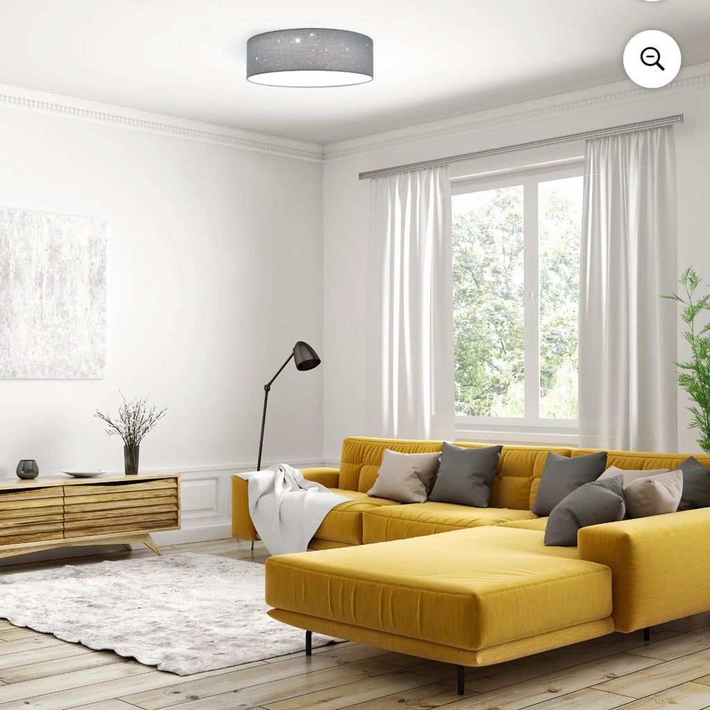 Navaris Flush Mount Ceiling Light - 12.6" Diameter Drum Lamp Shade LED Fixture with Remote Control - Bedroom Nursery - Light Gray with Star Effect - Retail $45.99