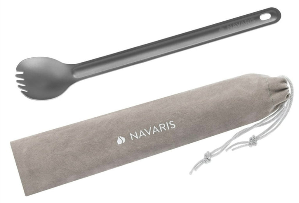 Navaris Long Handle Titanium Spork - 8.4" (21.5cm) Long Metal Utensil for Backpacking and Camping - Extra Strong and Lightweight - Includes Carry Bag - 2531 - Retail $8.99