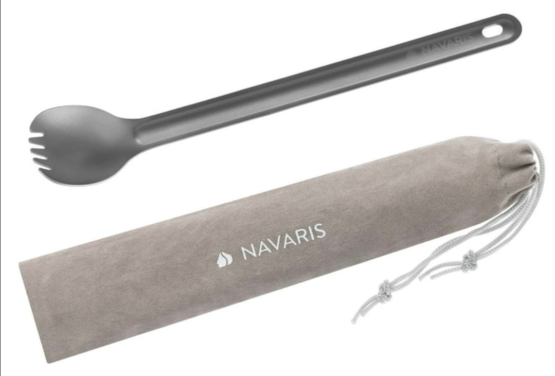 Navaris Long Handle Titanium Spork - 8.4" (21.5cm) Long Metal Utensil for Backpacking and Camping - Extra Strong and Lightweight - Includes Carry Bag - 2531 - Retail $8.99