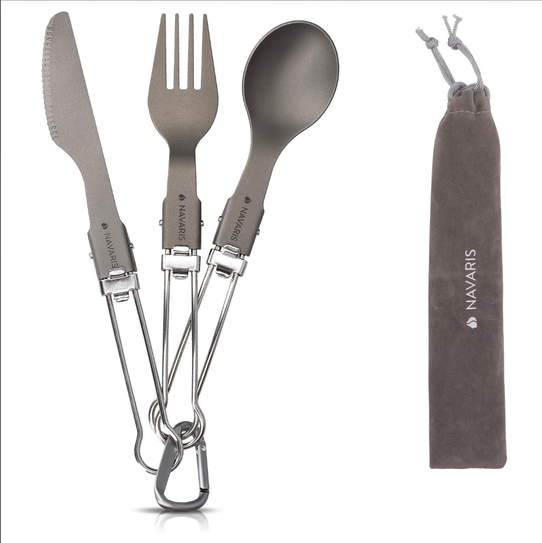 3126 Navaris Titanium Folding Utensil Set - Fork Knife Spoon Foldable Metal Silverware Utensils for Camping, Backpacking, Hiking - With Carabiner and Bag - Retail $20
