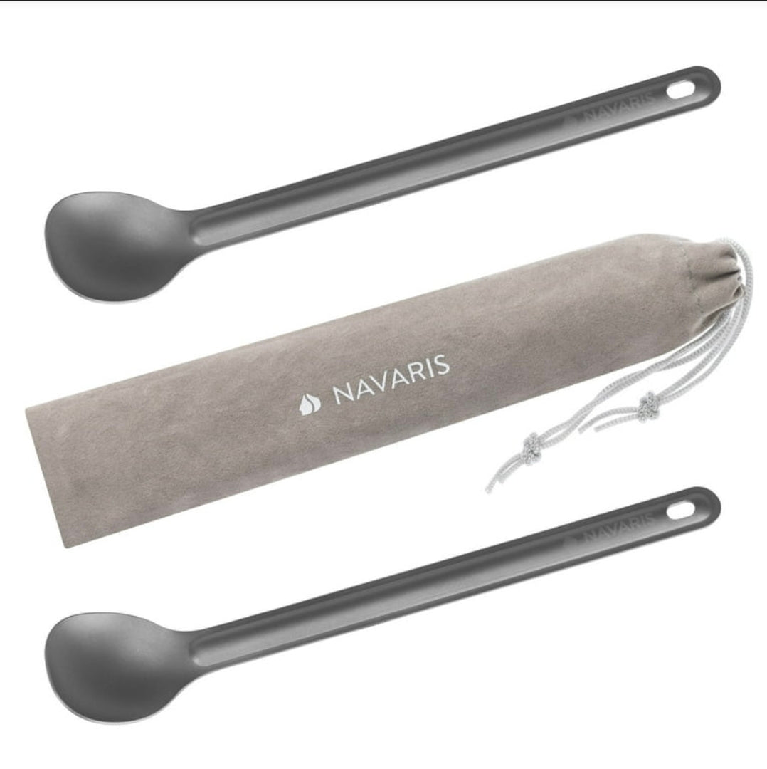 Navaris Long Handle Titanium Spoons (Set of 2) - 8.4" (21.5cm) Long Metal Spoon Set for Backpacking and Camping - Strong Ultra Lightweight Cutlery - Retail $16.99