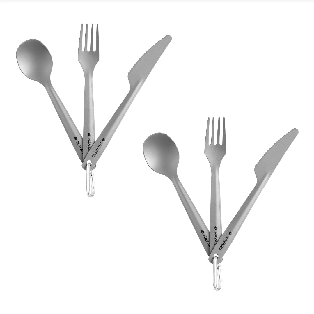 Navaris Titanium Camping Cutlery Set (2 Sets) - Lightweight Camping Utensils for Two - Knife, Fork and Spoon with Carabiner Clip for Hiking Travel - Retail $21.84