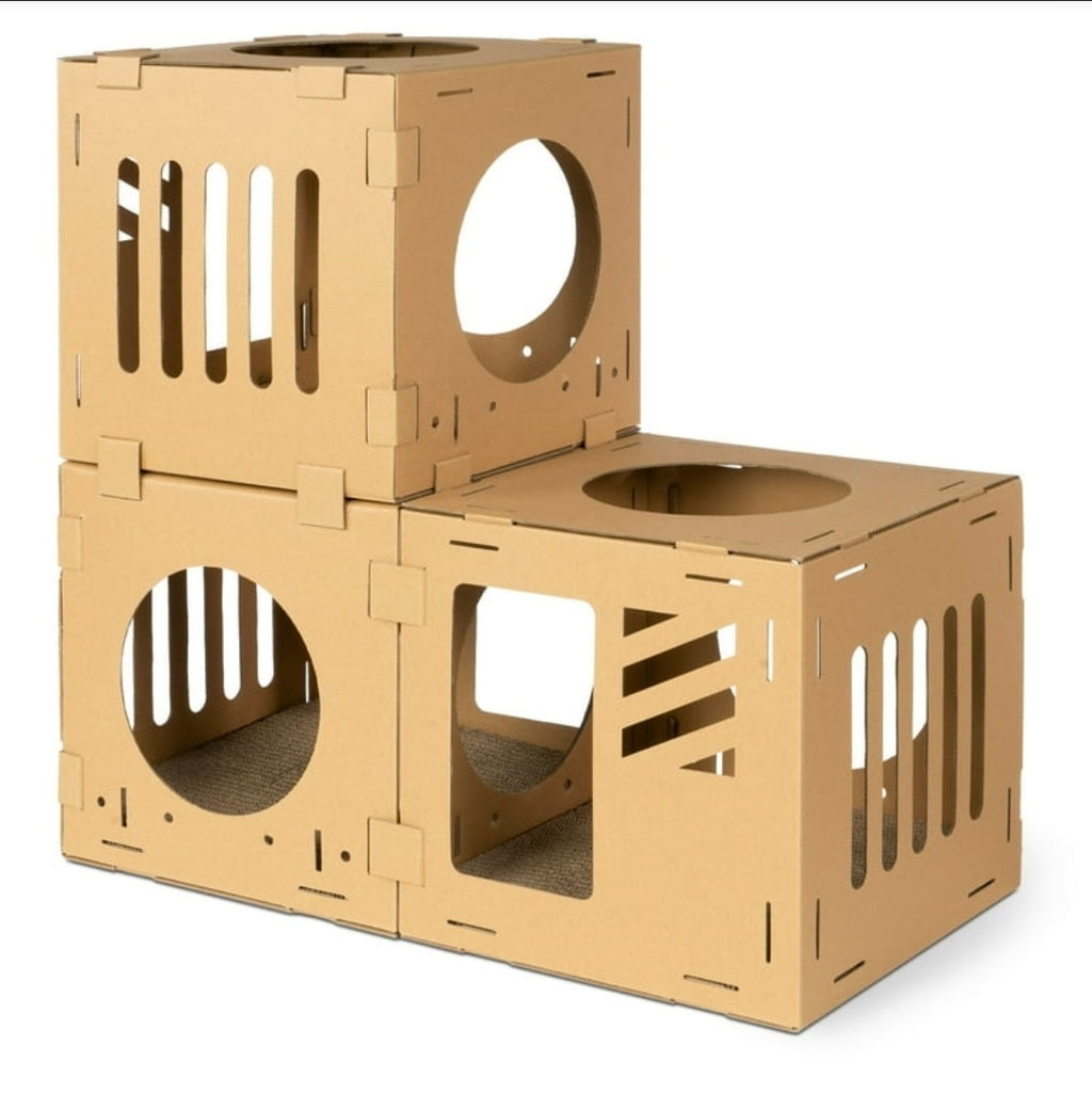 Navaris Modular Cardboard Cat House - DIY Corrugated Cardboard Configurable Play Tower Condo for Small Cats, Kittens, Rabbits - 3 Cubes - Retail $31.99