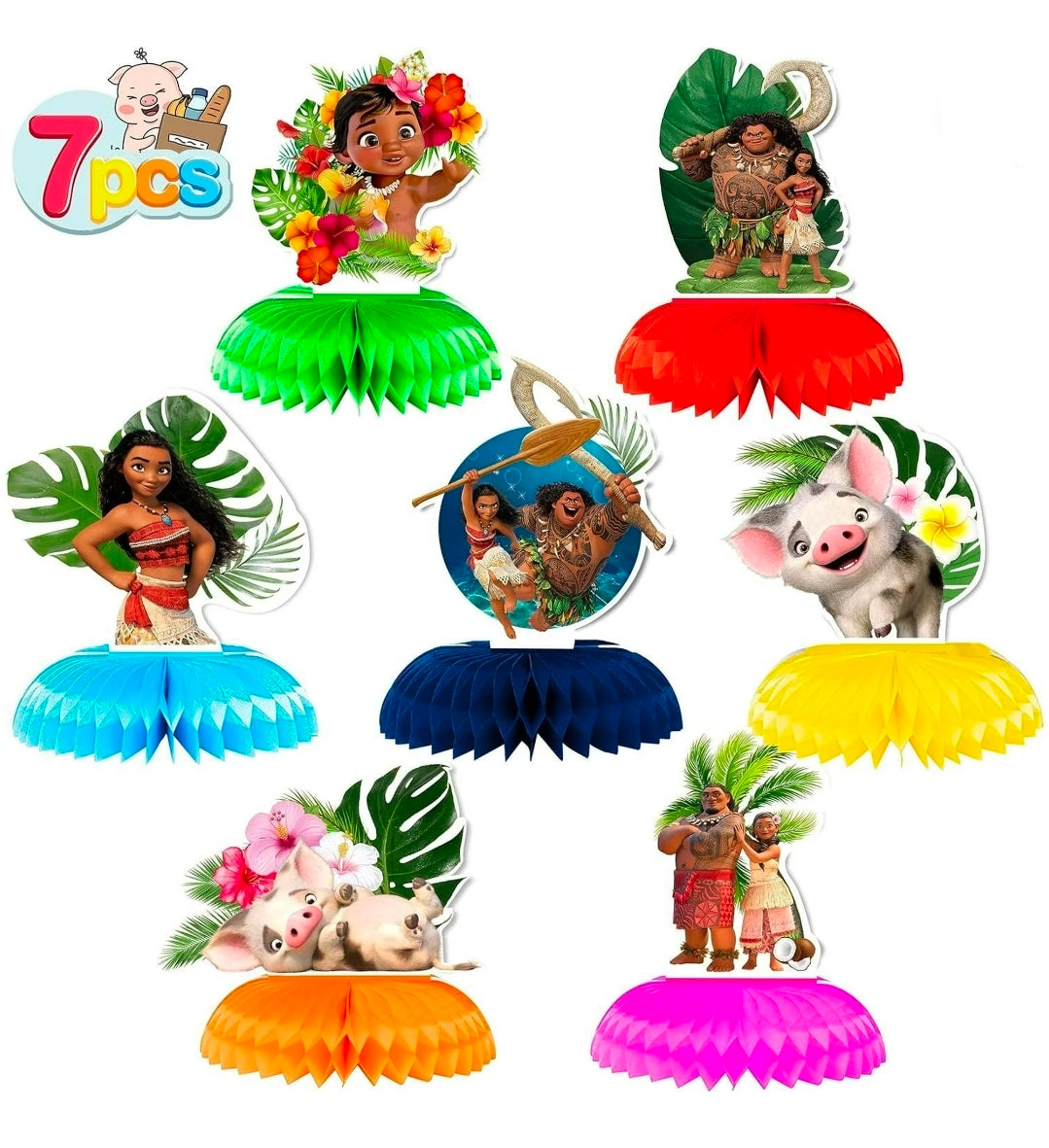 7pcs Moana Theme Cartoon style 3D Double Side Honeycomb Centerpieces Table Toppers, Birthday Party Decorations Supplies for kids - Retail $9.99