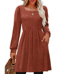SHINE UP Dresses for Women Fall Square Neck Long Sleeve Knee Length Dress with Pockets - Retail $10.99
