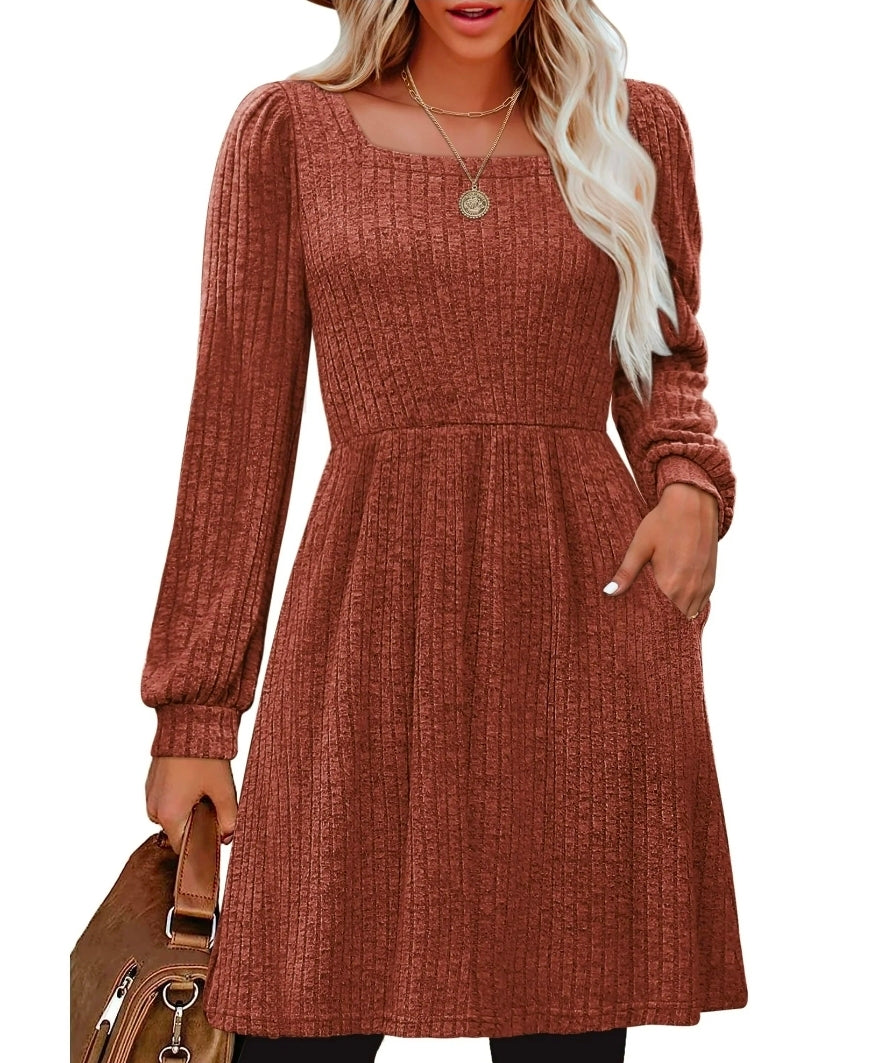 SHINE UP Dresses for Women Fall Square Neck Long Sleeve Knee Length Dress with Pockets - Retail $10.99