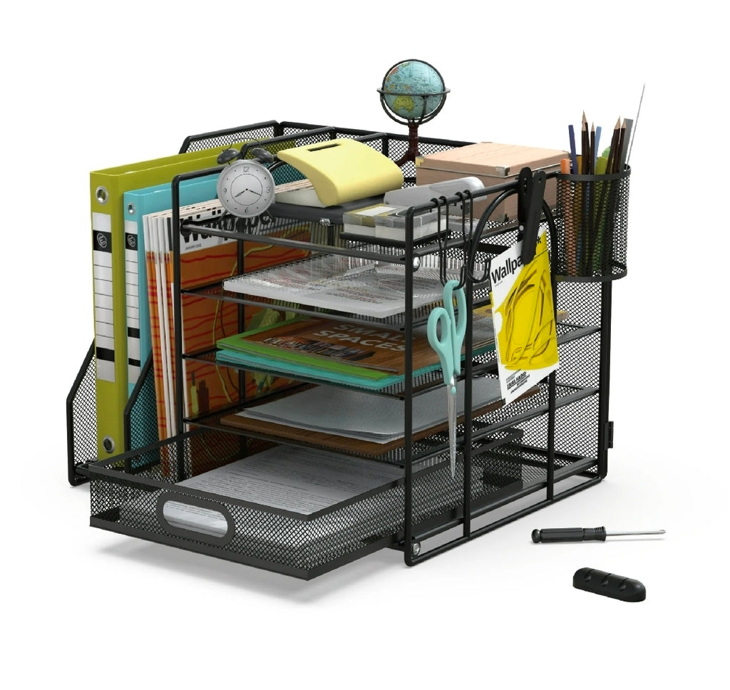 HUHOLE Desk Organizer with File Holder, 5-Tier Paper Letter Tray, Black Powder-Coated Steel - Retail $35.99