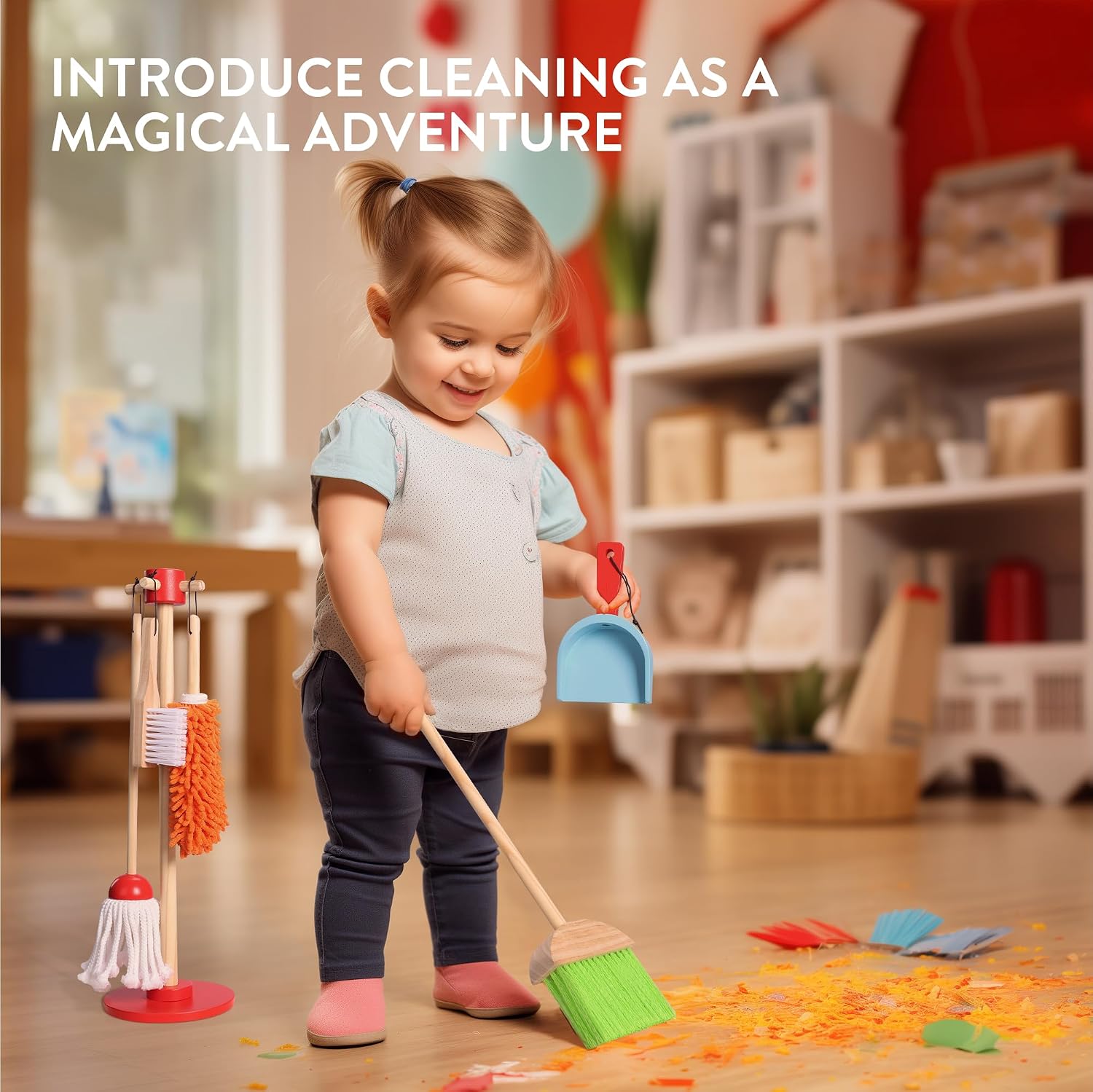 Navaris Wooden Cleaning Toy Set - 5 Pieces with Holder