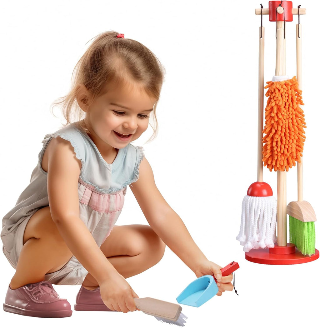 Navaris Wooden Cleaning Toy Set - 5 Pieces with Holder