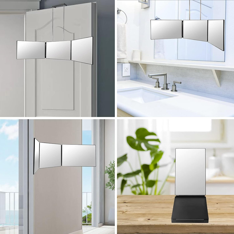 RUseeN 3 Way Mirror for Hair Cutting, 360 Trifold Mirror with Height Adjustable Telescoping Hooks, for Hair Styling, for Makeup, Hair Coloring, Braiding, DIY Haircut Tool are Good Gifts for Men Women - Retail $23.99